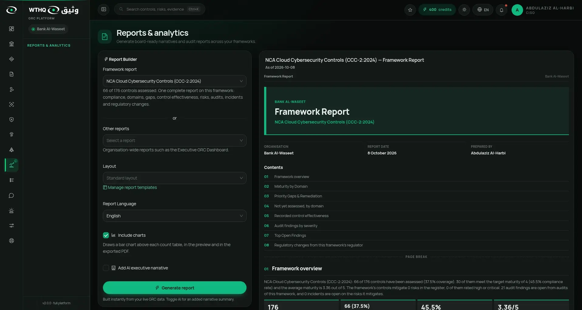 Reports and analytics screen showing a framework report for the NCA Cloud Cybersecurity Controls, with contents, maturity and findings sections