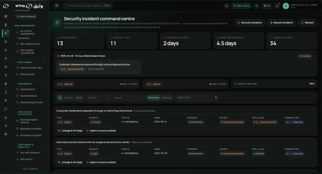 Security incident command centre showing open incidents, mean time to detect and resolve, the PDPL 72-hour breach clock and a list of breach incidents